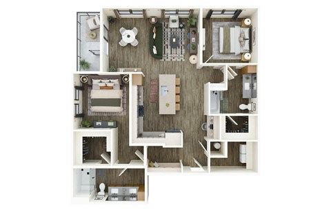 A top-down view of a small apartment with a kitchen, living room, and bathroom.
